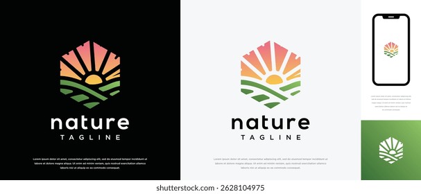 farmland landscape logo design. Hexagon farmland landscape logo template. Farm logo symbol icon