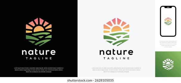 farmland landscape logo design. Hexagon farmland landscape logo template. Farm logo symbol icon