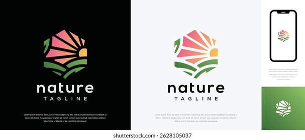 farmland landscape logo design. Hexagon farmland landscape logo template. Farm logo symbol icon