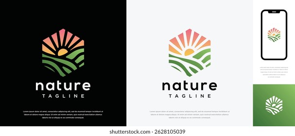 farmland landscape logo design. Hexagon farmland landscape logo template. Farm logo symbol icon