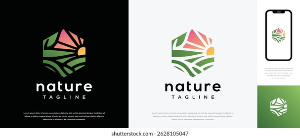 farmland landscape logo design. Hexagon farmland landscape logo template. Farm logo symbol icon