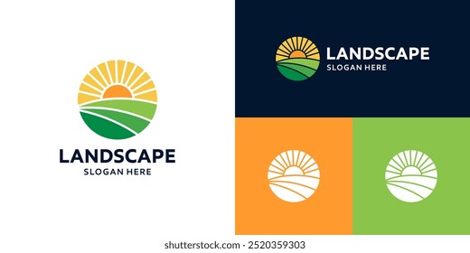 Farmland landscape logo. Farm food badge logo design with sun design graphic symbol vector icon.