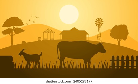 Farmland landscape vector illustration. Countryside silhouette with livestock cow and goat. Rural agriculture landscape for illustration, background or wallpaper