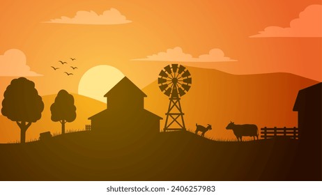 Farmland landscape vector illustration. Countryside silhouette with livestock cow and goat. Rural agriculture landscape for illustration, background or wallpaper