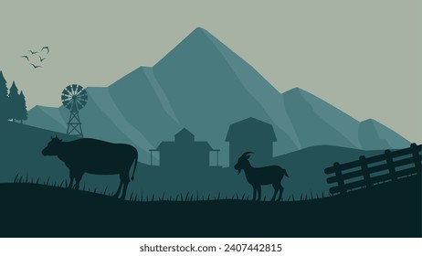 Farmland landscape vector illustration. Countryside silhouette with livestock cow and goat. Rural agriculture landscape for illustration, background or wallpaper