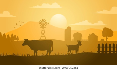 Farmland landscape vector illustration. Countryside silhouette with livestock cow and goat. Rural agriculture landscape for illustration, background or wallpaper