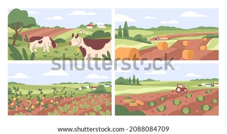 Farmland landscapes set. Farms backgrounds with cows in pastures, grasslands, agriculture fields, vegetable gardens in countryside. Colored flat vector illustrations of village panoramic scenes