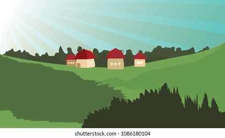 Farmland rural cartoon landscape.