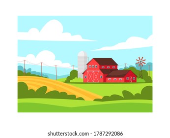 Farmland semi flat vector illustration. Local production of eco harvest. Wheat plantation. Hills near ranch. American farm. Rural village villa. Farmhouse 2D cartoon scenery for commercial use