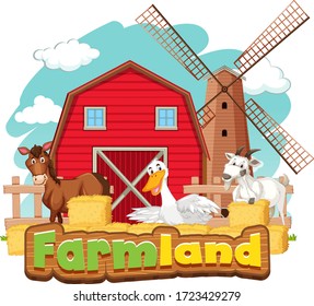 Farmland sign with many animals and red barn illustration