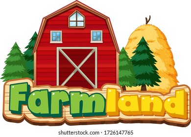 Farmland sign with red barn and haystack illustration
