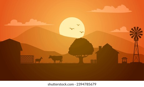 Farmland silhouette landscape vector illustration. Scenery of livestock and windmill in the countryside farm. Rural panorama for illustration, background or wallpaper