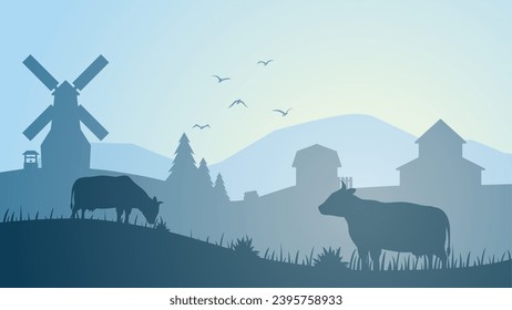 Farmland silhouette landscape vector illustration. Scenery of livestock and windmill in the countryside farm. Rural panorama for illustration, background or wallpaper