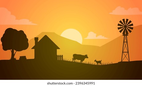 Farmland silhouette landscape vector illustration. Scenery of livestock and windmill in the countryside farm. Rural panorama for illustration, background or wallpaper