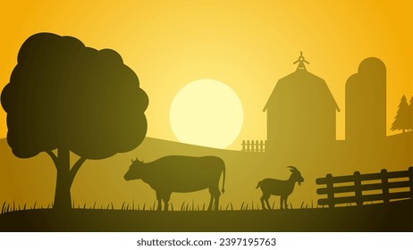Farmland silhouette landscape vector illustration. Scenery of livestock cow and goat in the countryside farm. Rural landscape for illustration, background or wallpaper