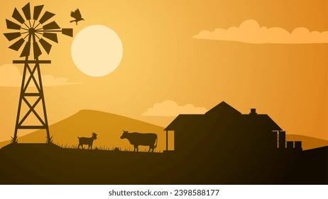 Farmland silhouette landscape vector illustration. Scenery of livestock cow and goat in the countryside farm. Rural landscape for illustration, background or wallpaper
