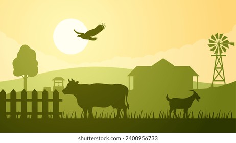 Farmland silhouette landscape vector illustration. Scenery of livestock cow and goat in the countryside farm. Rural landscape for illustration, background or wallpaper