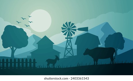 Farmland silhouette landscape vector illustration. Scenery of livestock cow and goat in the countryside farm. Rural landscape for illustration, background or wallpaper