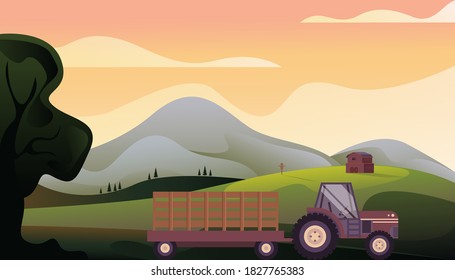 Farmland with tractor. Agricultural farm concept. Vector flat graphic design illustration