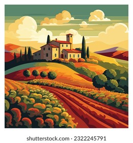 Farmland in tuscany italy original digital illustration