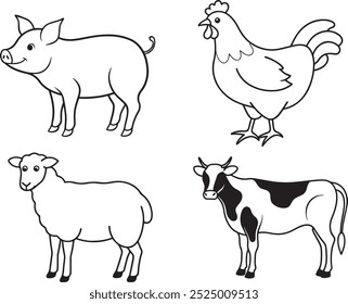 Farms Animals Line art vector white background
