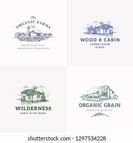 Farms and Cabins Abstract Vector Signs, Symbols or Logo Templates Set. Hand Drawn Landscapes with Buildings Sketches with Classy Retro Typography. Rural Fields and Houses Vintage Emblems. Isolated.