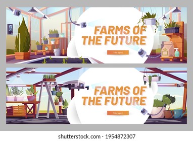 Farms of the future cartoon web banners, smart greenhouse, futuristic farming technology. Digital devices for automatically controlled plants grow, agricultural automation, hydroponics vector concept