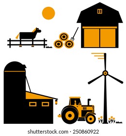 Farms objects with animals in flat design. Vector illustration.