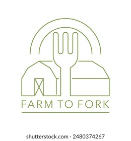 Logotipo o emblema de granja a horquilla en línea delgada. Movimiento social que promueve servir alimentos cultivados localmente en restaurantes y escuelas a través de la adquisición directa del productor