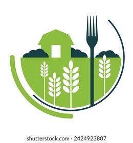 Emblema geométrico de granja a horquilla - movimiento social que promueve servir alimentos cultivados localmente en restaurantes y escuelas a través de la adquisición directa del productor. Relación directa de venta de alimentos