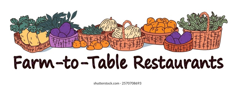 Farm-to-table concept with baskets of fresh vegetables fruits and greens in a colorful arrangement. Perfect for restaurant themes and organic food promotions