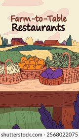 Farm-to-table produce baskets rustic farm scene colorful vegetables countryside landscape digital art