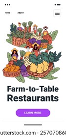 Farm-to-table theme with diverse farmers holding baskets of fresh vegetables and fruits vibrant colors modern website template