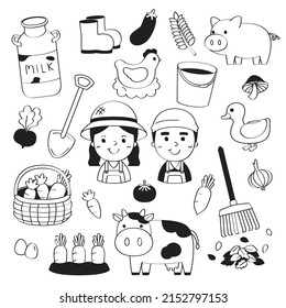 Farmville doodles art. farmer character with animals and tools.	