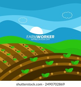 Farmworker Appreciation Day event banner. Illustration of rice fields with mountains in the background to celebrate on August 6th