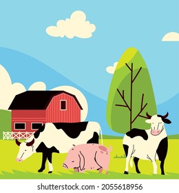 farmyard animals barn and field