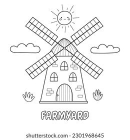 Farmyard black and white print with a mill in cartoon style. Farm background for kids. Vector illustration