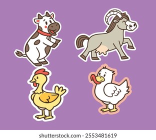 Farmyard Charm: Cow, Goat, Duck, and Hen Stickers