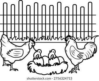 farmyard chicken parenting Scene concept, hen caring for chicks vector icon design