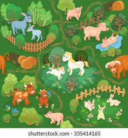 Farmyard with domestic animals, trees and footpaths / Seamless pattern with farmyard and domestic animals in cartoon style
