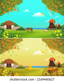 Farmyard, ecological farm in different seasons. Organic farming, traditional agriculture and growing food concept. Farm landscape with mill and barn. Farmland with animals in spring and autumn harvest