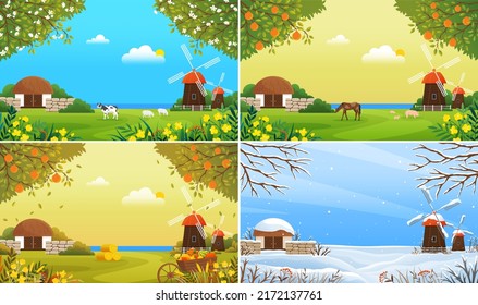 Farmyard, ecological farm in different seasons. Organic farming, traditional agriculture and growing food concept. Farm landscape with mill and barn. Farmland with animals in snowy and sunny wealther