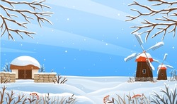 Farmyard, Ecological Farm Snowy Weather Vector Illustration. Organic Farming, Traditional Agriculture Concept. Farm Landscape With Mill And Barn In Winter. Farmland Covered By Snow In Cold Season