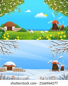 Farmyard, farm in different seasons. Organic farming, traditional agriculture and growing food. Farm landscape with mill and barn in sunny and snowy weather. Farmland with animals in spring and winter