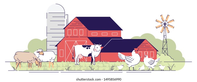 Farmyard Flat Vector Illustration. Livestock Farming, Animal Husbandry, Agriculture Cartoon Concept With Outline. Village Farmland With Domestic Animals On Barnyard Isolated On White Background