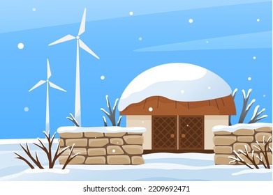 Farmyard, modern ecological farm in cold season. Winter farm landscape with wind turbines, renewable energy sources. Farmland in snowy weather. Organic farming, traditional agriculture concept