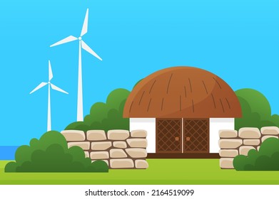 Farmyard, modern ecological farm vector illustration. Farm landscape with wind turbines, renewable energy sources. Barn on background of field, meadow. Organic farming, traditional agriculture concept