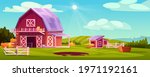 Farmyard outside scenery landscape vector illustration. Wooden barn farm house, green rural farm, chicken coop with eggs in nest, stalks of hay, blue sky on background, ladder, pitchfork and barrel