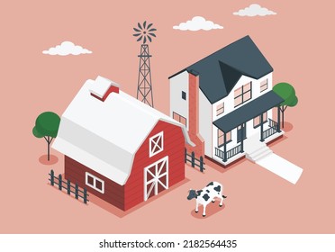 Farmyard Outside Scenery Landscape Vector Illustration. Wooden Barn Farm House, Orange Rural Farm. Village Panorama For Poster. Farmer House And Livestock.  Cow In Front Of Farm House