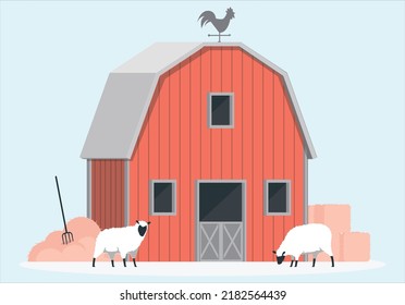 Farmyard Outside Scenery Landscape Vector Illustration. Wooden Barn Farm House, Orange Rural Farm. Village Panorama For Poster. Farmer House And Livestock. Sheep In Front Of Farm House.